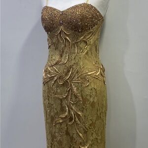 Gold Ruched Strapless Gown with Sequins for Cocktail